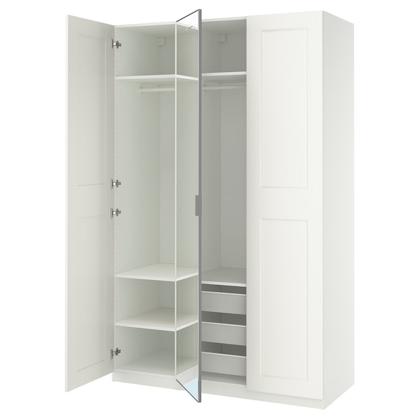 PAX / KAMMARTORP/GRIMO wardrobe combination, white mirror glass/grey white, 150x60x236 cm
