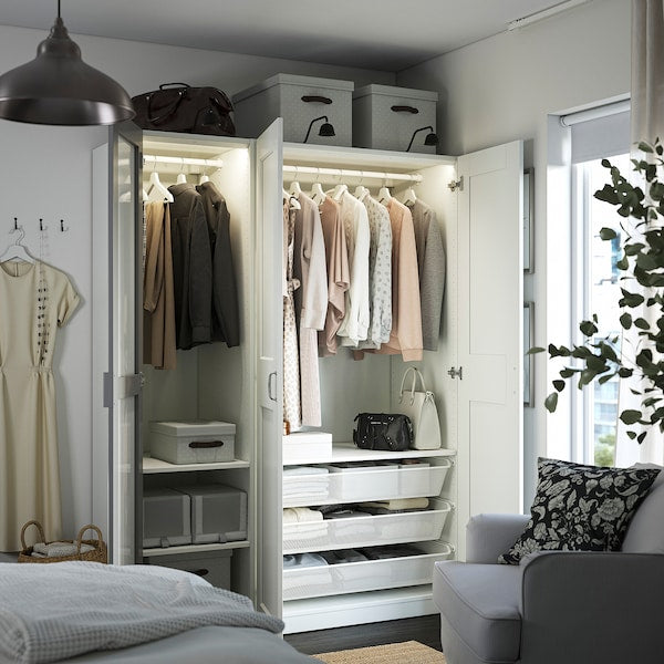 PAX / KAMMARTORP/GRIMO wardrobe combination, white mirror glass/grey white, 150x60x201 cm