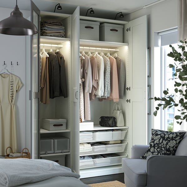 PAX / KAMMARTORP/GRIMO wardrobe combination, white mirror glass/grey white, 150x60x236 cm