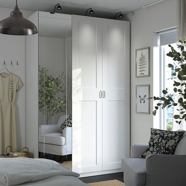 PAX / KAMMARTORP/GRIMO wardrobe combination, white mirror glass/grey white, 150x60x236 cm