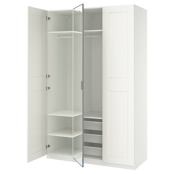 PAX / KAMMARTORP/GRIMO wardrobe combination, white mirror glass/grey white, 150x60x236 cm