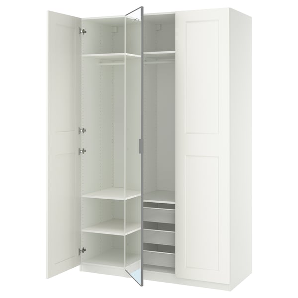 PAX / KAMMARTORP/GRIMO wardrobe combination, white mirror glass/grey white, 150x60x236 cm
