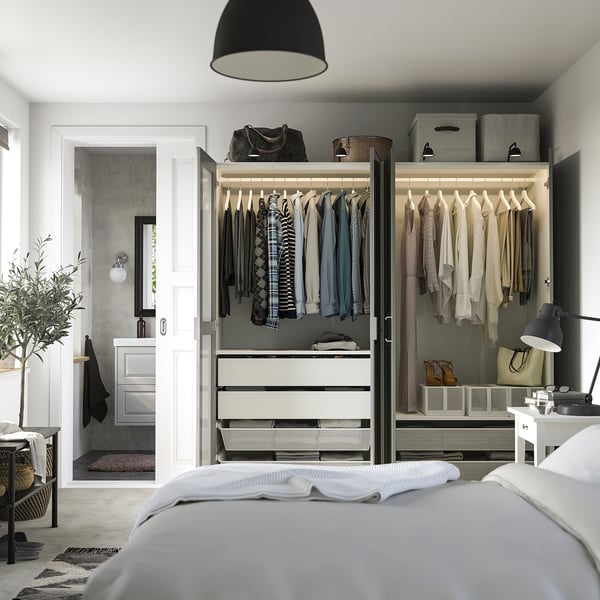 PAX / KAMMARTORP/GRIMO wardrobe combination, white mirror glass/grey grey-green, 200x60x201 cm