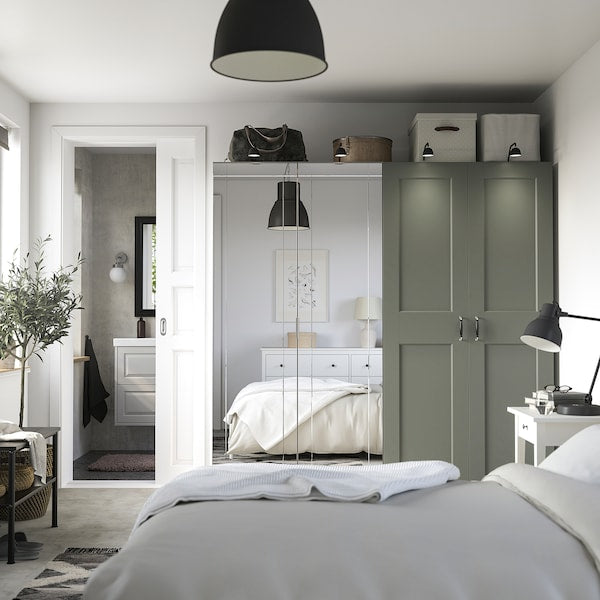 PAX / KAMMARTORP/GRIMO wardrobe combination, white mirror glass/grey grey-green, 200x60x201 cm