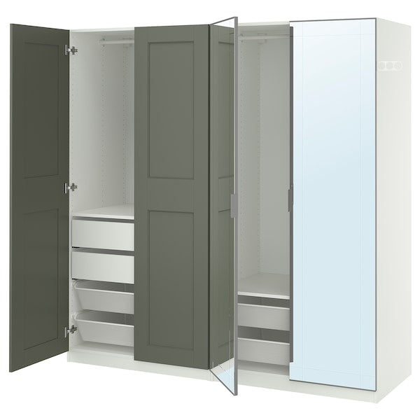 PAX / KAMMARTORP/GRIMO wardrobe combination, white mirror glass/grey grey-green, 200x60x201 cm