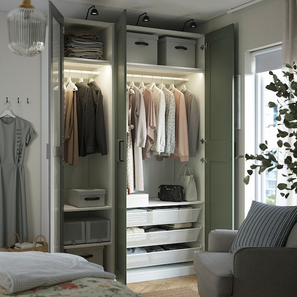 PAX / KAMMARTORP/GRIMO wardrobe combination, white mirror glass/grey grey-green, 150x60x236 cm