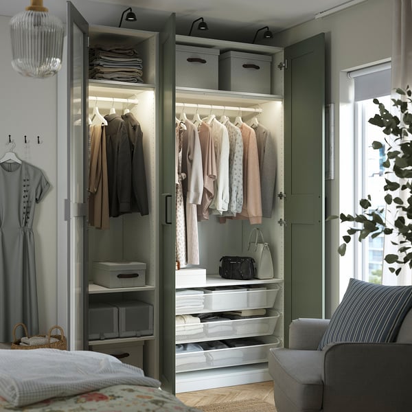PAX / KAMMARTORP/GRIMO wardrobe combination, white mirror glass/grey grey-green, 150x60x236 cm