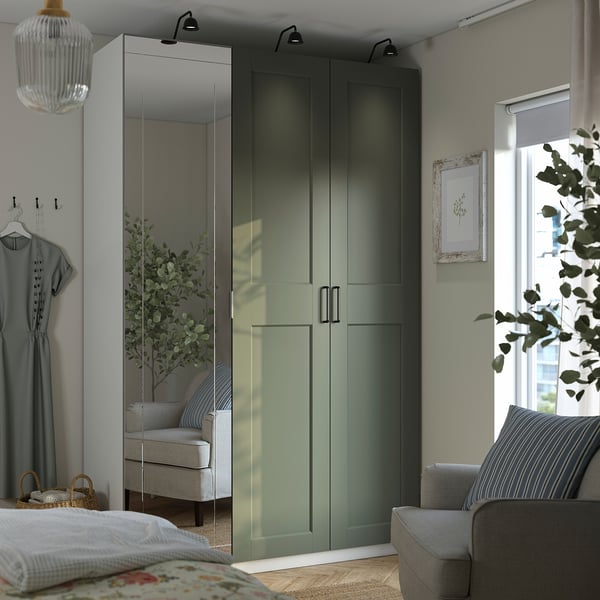 PAX / KAMMARTORP/GRIMO wardrobe combination, white mirror glass/grey grey-green, 150x60x236 cm