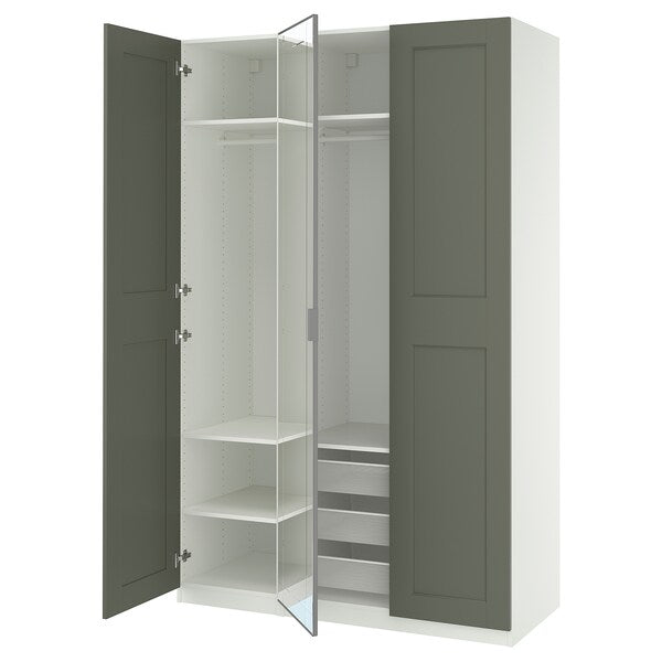 PAX / KAMMARTORP/GRIMO wardrobe combination, white mirror glass/grey grey-green, 150x60x236 cm