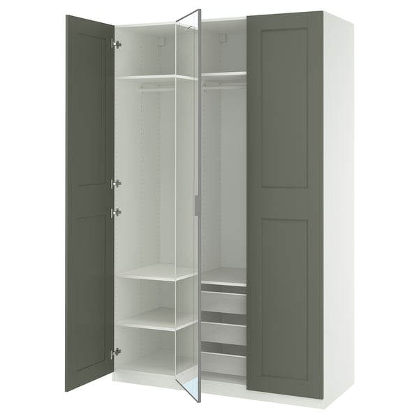 PAX / KAMMARTORP/GRIMO wardrobe combination, white mirror glass/grey grey-green, 150x60x236 cm