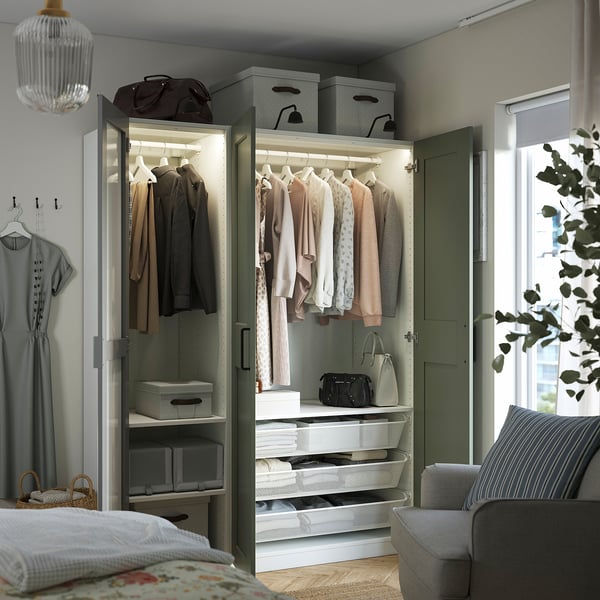 PAX / KAMMARTORP/GRIMO wardrobe combination, white mirror glass/grey grey-green, 150x60x201 cm