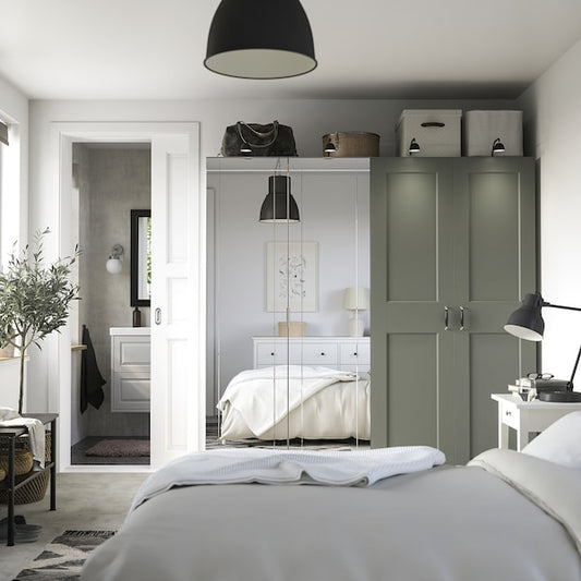 PAX / KAMMARTORP/GRIMO wardrobe combination, white mirror glass/grey grey-green, 200x60x201 cm