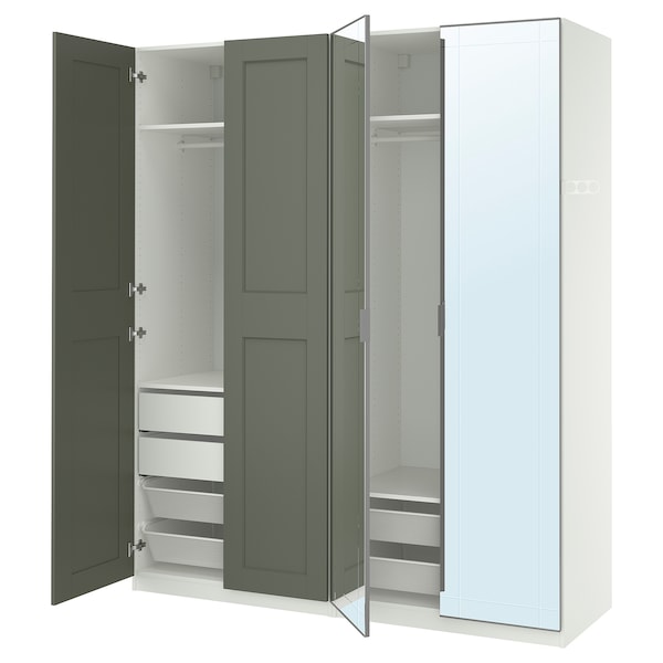 PAX / KAMMARTORP/GRIMO wardrobe combination, white mirror glass/grey grey-green, 200x60x236 cm