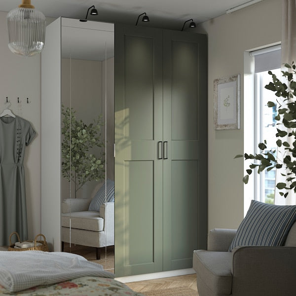 PAX / KAMMARTORP/GRIMO wardrobe combination, white mirror glass/grey grey-green, 150x60x236 cm