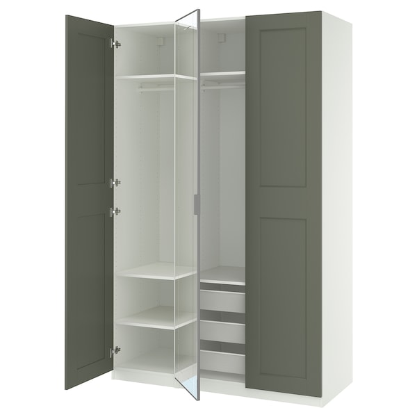 PAX / KAMMARTORP/GRIMO wardrobe combination, white mirror glass/grey grey-green, 150x60x236 cm