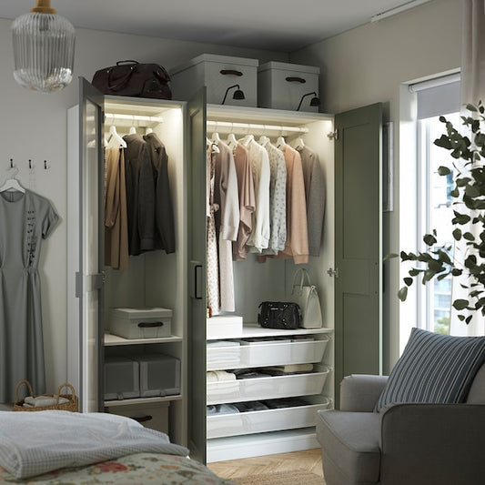 PAX / KAMMARTORP/GRIMO wardrobe combination, white mirror glass/grey grey-green, 150x60x201 cm