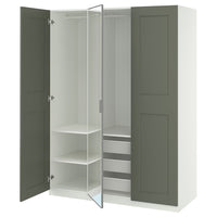 PAX / KAMMARTORP/GRIMO wardrobe combination, white mirror glass/grey grey-green, 150x60x201 cm