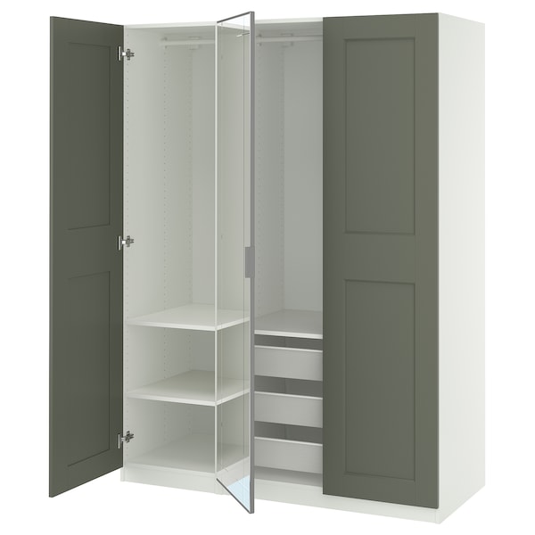 PAX / KAMMARTORP/GRIMO wardrobe combination, white mirror glass/grey grey-green, 150x60x201 cm