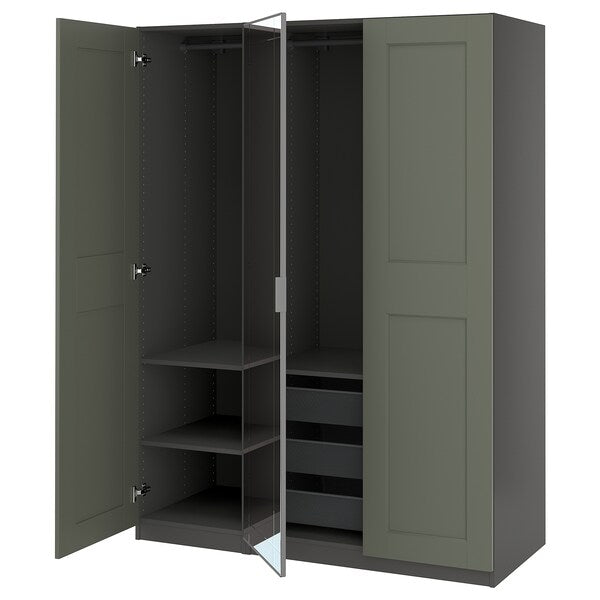 PAX / KAMMARTORP/GRIMO wardrobe combination, dark grey mirror glass/grey grey-green, 150x60x201 cm
