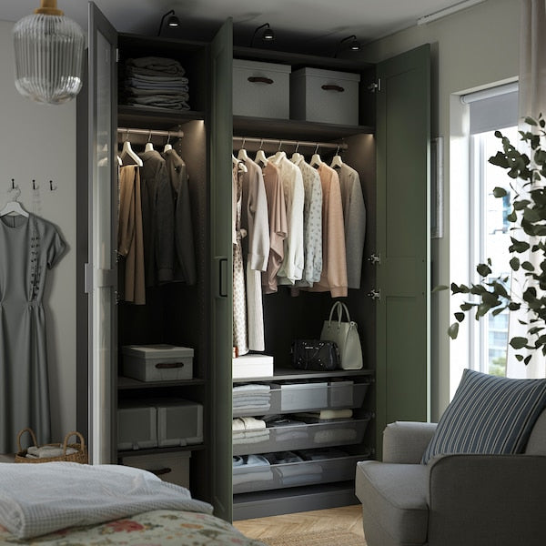 PAX / KAMMARTORP/GRIMO wardrobe combination, dark grey mirror glass/grey grey-green, 150x60x236 cm