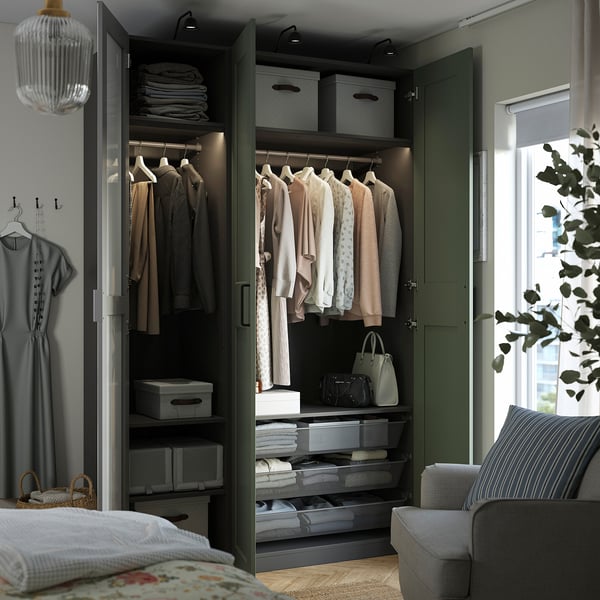 PAX / KAMMARTORP/GRIMO wardrobe combination, dark grey mirror glass/grey grey-green, 150x60x236 cm