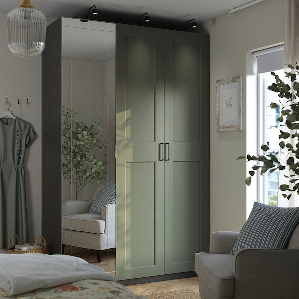 PAX / KAMMARTORP/GRIMO wardrobe combination, dark grey mirror glass/grey grey-green, 150x60x236 cm