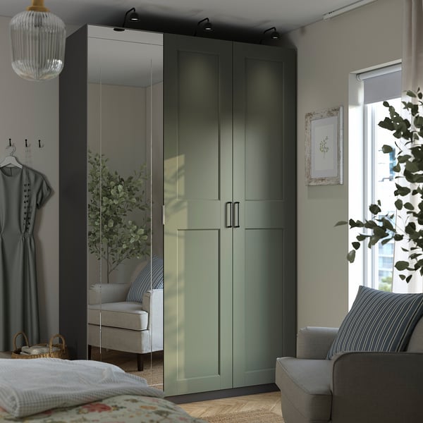 PAX / KAMMARTORP/GRIMO wardrobe combination, dark grey mirror glass/grey grey-green, 150x60x236 cm