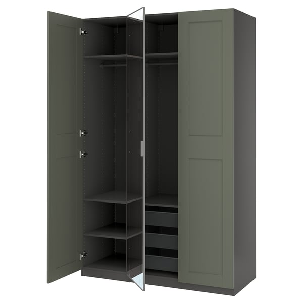 PAX / KAMMARTORP/GRIMO wardrobe combination, dark grey mirror glass/grey grey-green, 150x60x236 cm