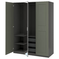 PAX / KAMMARTORP/GRIMO wardrobe combination, dark grey mirror glass/grey grey-green, 150x60x201 cm