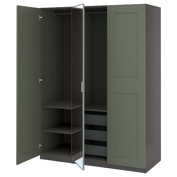 PAX / KAMMARTORP/GRIMO wardrobe combination, dark grey mirror glass/grey grey-green, 150x60x201 cm