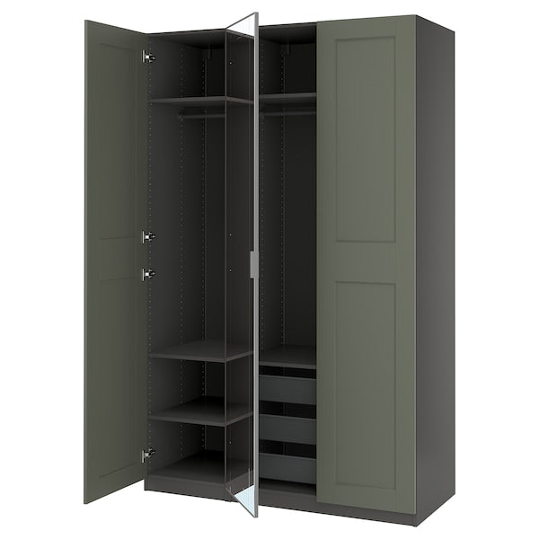 PAX / KAMMARTORP/GRIMO wardrobe combination, dark grey mirror glass/grey grey-green, 150x60x236 cm
