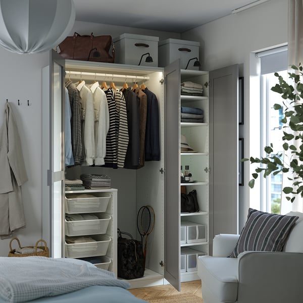 PAX / KAMMARTORP/GULLABERG wardrobe combination, white/mirror glass grey, 150x60x201 cm