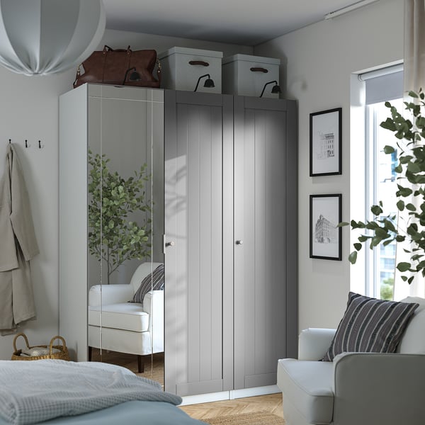 PAX / KAMMARTORP/GULLABERG wardrobe combination, white/mirror glass grey, 150x60x201 cm