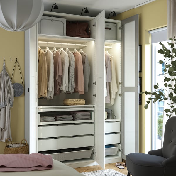 PAX / KAMMARTORP/TYSSEDAL wardrobe combination, white mirror glass/grey white, 150x60x236 cm