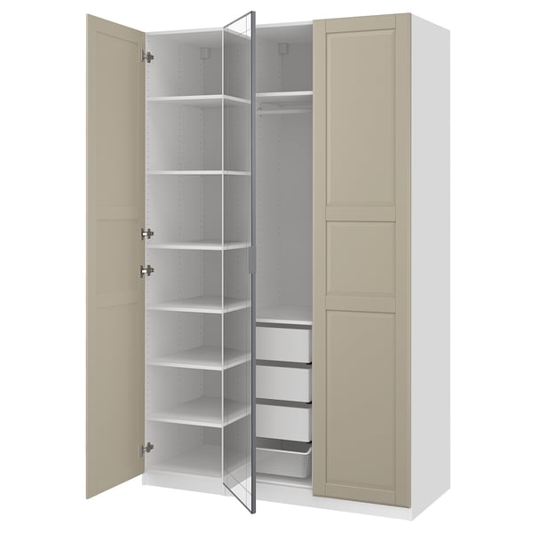 PAX / KAMMARTORP/TYSSEDAL wardrobe combination, white mirror glass/grey grey-beige, 150x60x236 cm