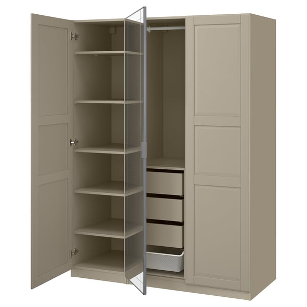 PAX / KAMMARTORP/TYSSEDAL wardrobe combination, grey-beige/grey-beige mirror glass, 150x60x201 cm