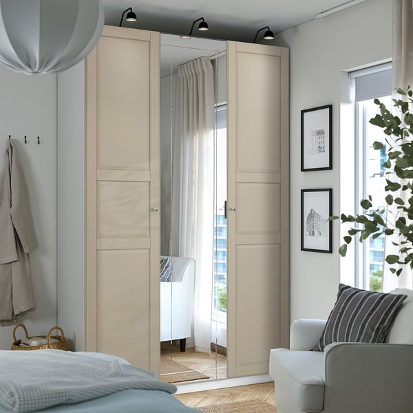 PAX / KAMMARTORP/TYSSEDAL wardrobe combination, white mirror glass/grey grey-beige, 150x60x236 cm
