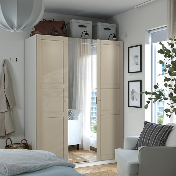 PAX / KAMMARTORP/TYSSEDAL wardrobe combination, white mirror glass/grey grey-beige, 150x60x201 cm