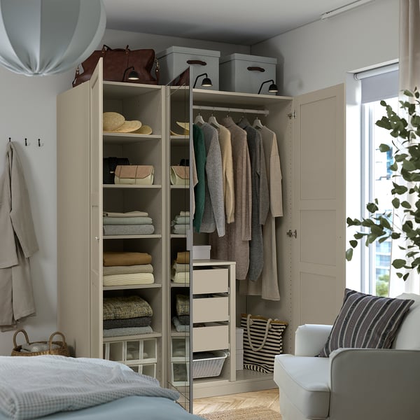 PAX / KAMMARTORP/TYSSEDAL wardrobe combination, grey-beige/grey-beige mirror glass, 150x60x201 cm