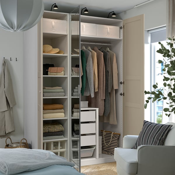 PAX / KAMMARTORP/TYSSEDAL wardrobe combination, white mirror glass/grey grey-beige, 150x60x236 cm