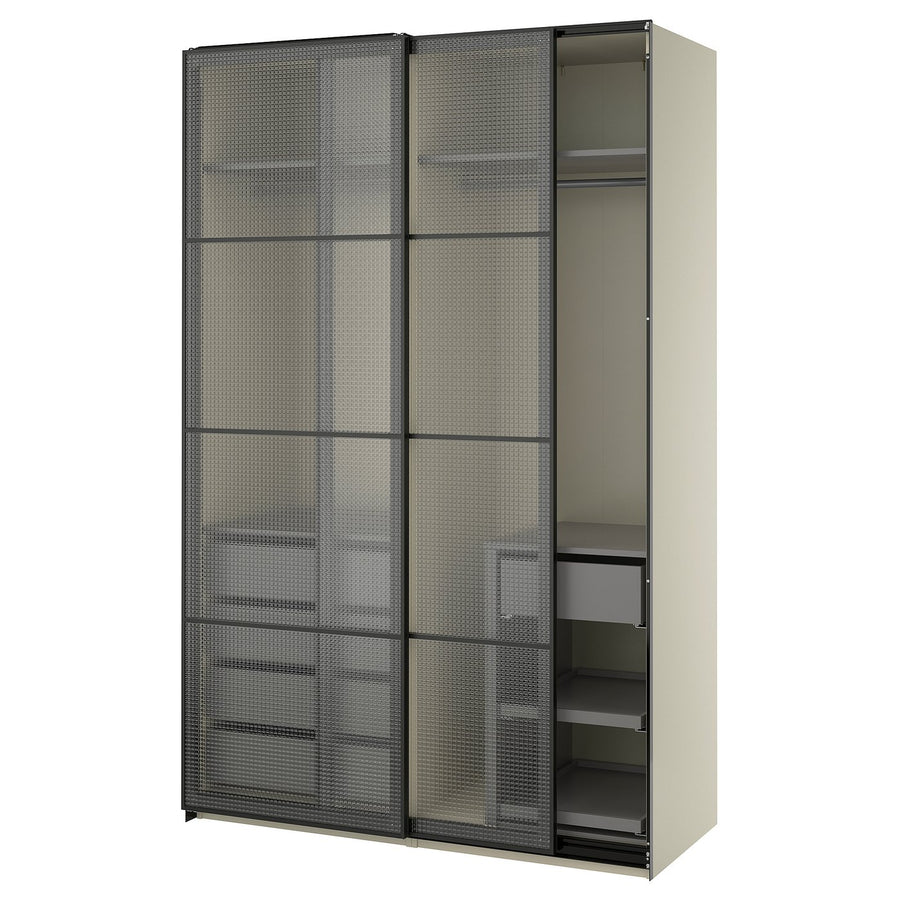 PAX / LUNDBRÄSMA wardrobe with sliding doors, grey-beige black/checkered glass dark grey, 150x66x236 cm