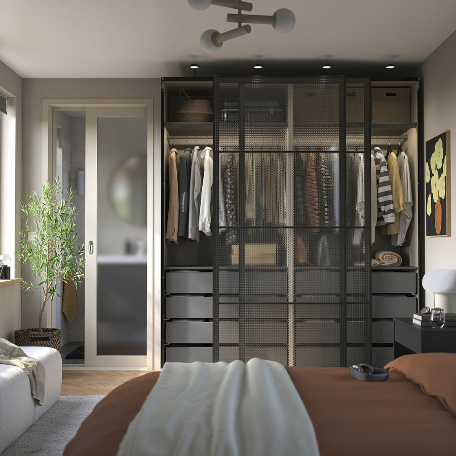 PAX / LUNDBRÄSMA wardrobe with sliding doors, grey-beige black/checkered glass dark grey, 200x66x236 cm