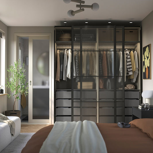 PAX / LUNDBRÄSMA wardrobe with sliding doors, grey-beige black/checkered glass dark grey, 200x66x236 cm