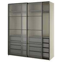 PAX / LUNDBRÄSMA wardrobe with sliding doors, grey-beige black/checkered glass dark grey, 200x66x236 cm