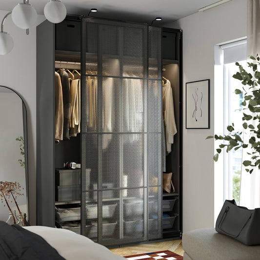 PAX / LUNDBRÄSMA wardrobe with sliding doors, dark grey black/checkered glass, 150x66x236 cm
