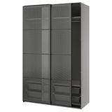 PAX / LUNDBRÄSMA wardrobe with sliding doors, dark grey black/checkered glass, 150x66x236 cm