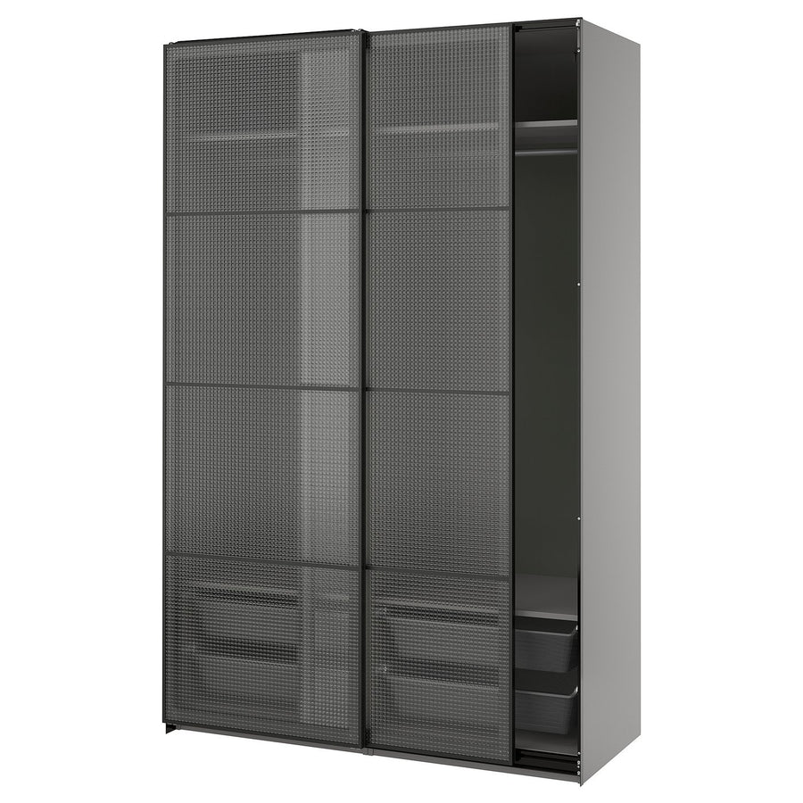 PAX / LUNDBRÄSMA wardrobe with sliding doors, dark grey black/checkered glass, 150x66x236 cm