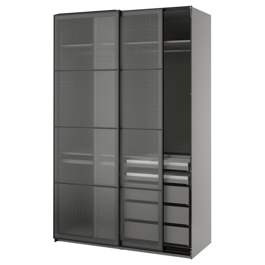 PAX / LUNDBRÄSMA wardrobe with sliding doors, dark grey black/checkered glass, 150x66x236 cm