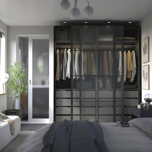 PAX / LUNDBRÄSMA wardrobe with sliding doors, dark grey black/checkered glass, 200x66x236 cm