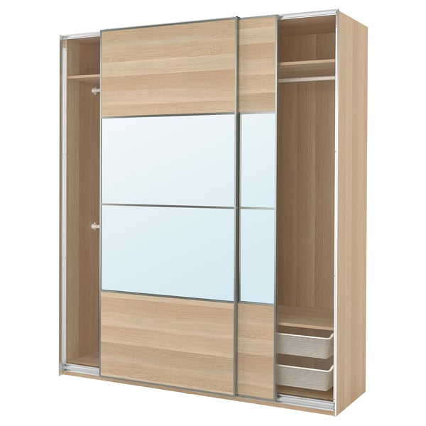 PAX / MEHAMN/AULI wardrobe combination, white stained oak effect double sided/white stained oak effect mirror glass, 200x66x236 cm